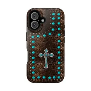 Faith Cross Phone Case – Durable Western Christian Cover, Artistic Turquoise Design, Magnetic iPhone 17 16 15 14 13 12 11