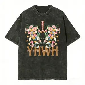 YHWH Floral Christian Washed T-Shirt , Graphic T-Shirt With Men and Women, Flower Tee,Vintage Short Sleeve tops