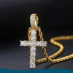 CZ Diamond Cross Necklace Gold or Silver Fashion Pendant Tennis Necklace For Men Women Accessories Jewelry With 3mm 24" Rope Chain