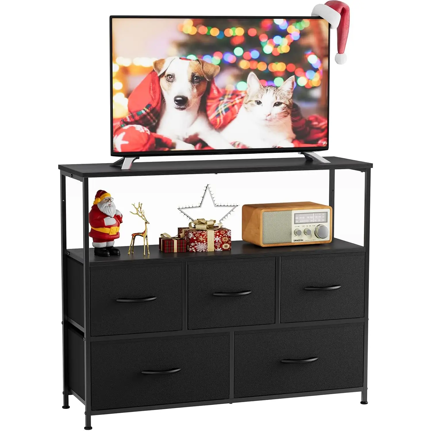 Dresser TV Stand with 5 Fabric Drawers, Media Console Table Entertainment Center with Open Storage Shelf Dresser for Bedroom/Living Room/Hallway