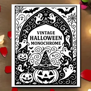 Adult Coloring Book, Halloween Themed Vintage Designs with Ghosts and Witches, Stress Relief Coloring Pages & Relaxation Monochrome Art Activity, Perfect Gift for Adults & Teens