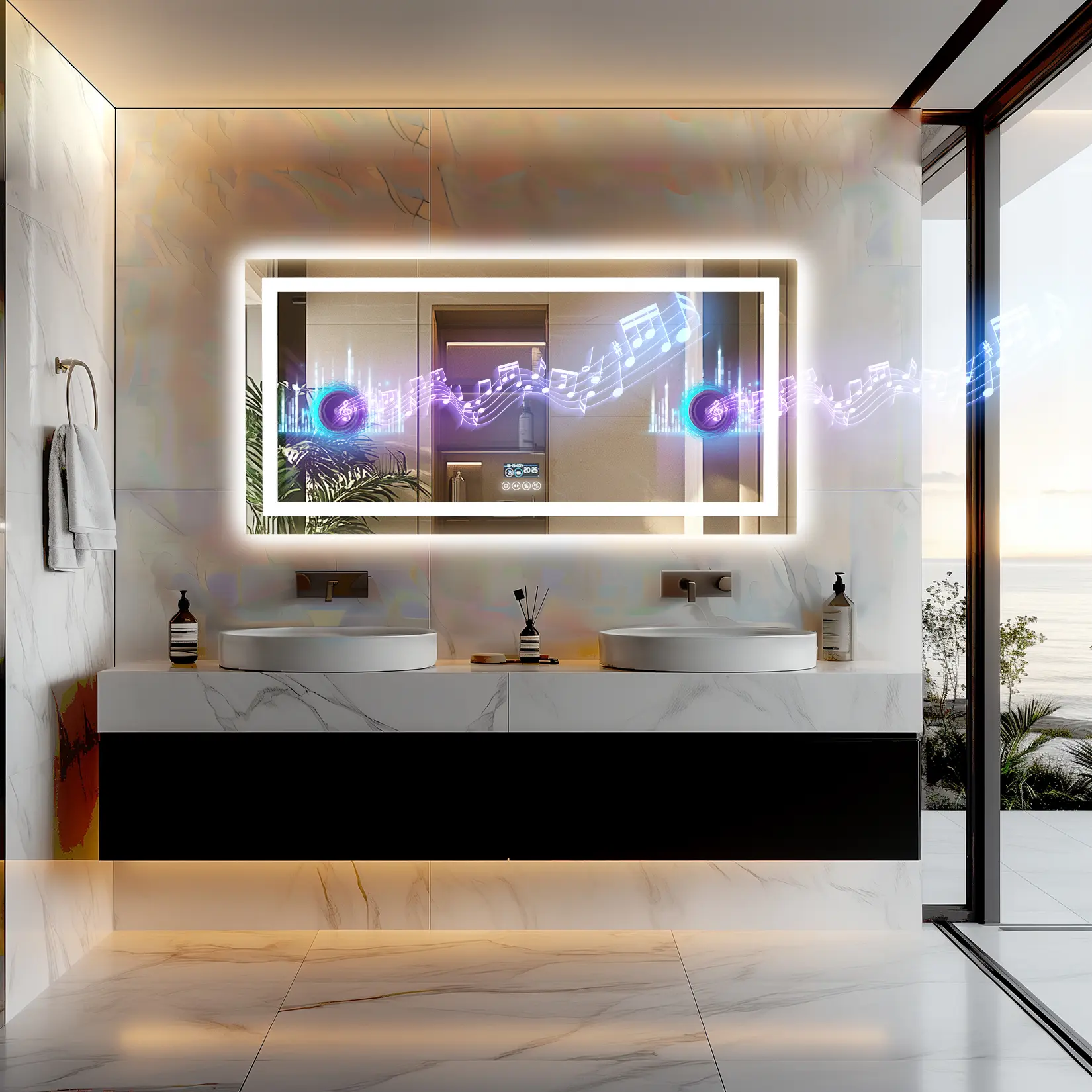 47.24”x23.62” Rectangular Lighted Illuminated Bathroom Mirror Bluetooth Speaker Dual LED Light Strips, Defog