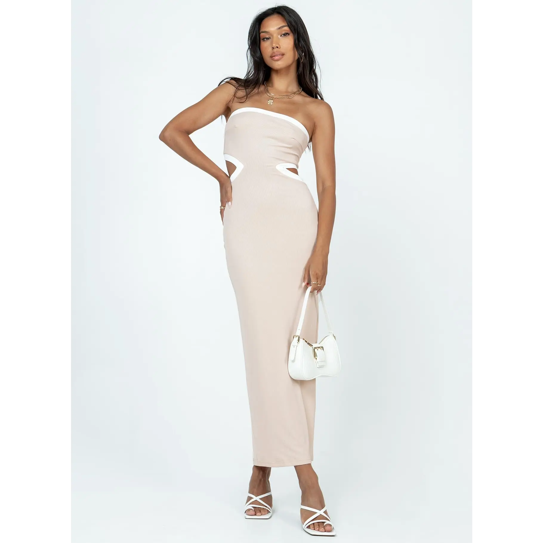 greta maxi dress beige Staud Greta Fawn Mother Of Pearl Silk Maxi Dress