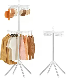 Foldable Clothes Drying Rack - 2 Tier Laundry Drying Rack, Clothing Rack with Rotating Clothes Rail with 24 Clips and 3 Rotatable Arms, Suitable for Flats and Small Rooms
