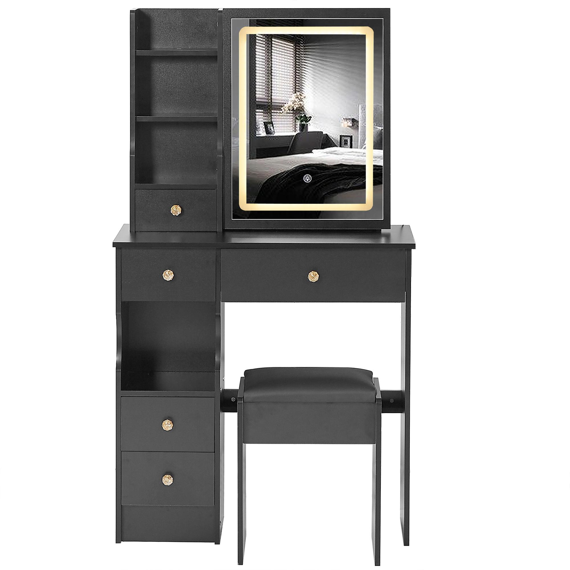 29.2" Small Size Left Drawer Desktop Vanity Table + Cushioned Stool, Large Sliding, Touch Control, Tri-color Switching, Brightness Adjust LED Mirror, High Capacity Storage, Suitable for Small Space