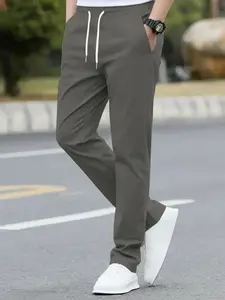 Men's Solid Color Drawstring Waist Pants with Side Pockets, Casual Fitted Trousers for All Seasons, Comfortable Everyday Wear, Casual Elastic Waist