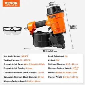 VEVOR Coil Siding Nailer MCN70, 1-3/4 to 2-3/4 15 Degree Pneumatic Siding Nail Gun, 70-120PSI Air Coil Nailer for Pallet, Crating, Framing, Siding and Fencing