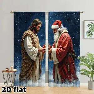 2D Flat 2Pcs Christmas Religious Santa Claus Curtains, Jesus Meeting Print, Starry Night Background, Pole Pocket Style, Semi Sunshade Polyester Fiber, Winter Holiday Decor, for Living Room Bedroom Kitchen Window Decoration, Anti Privacy, Easy to clean.