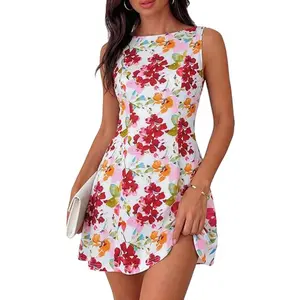 PRETTYGARDEN Women Summer Short Dress Floral Sleeveless Boat Neck A Line Formal Cocktail Party Mini Dresses