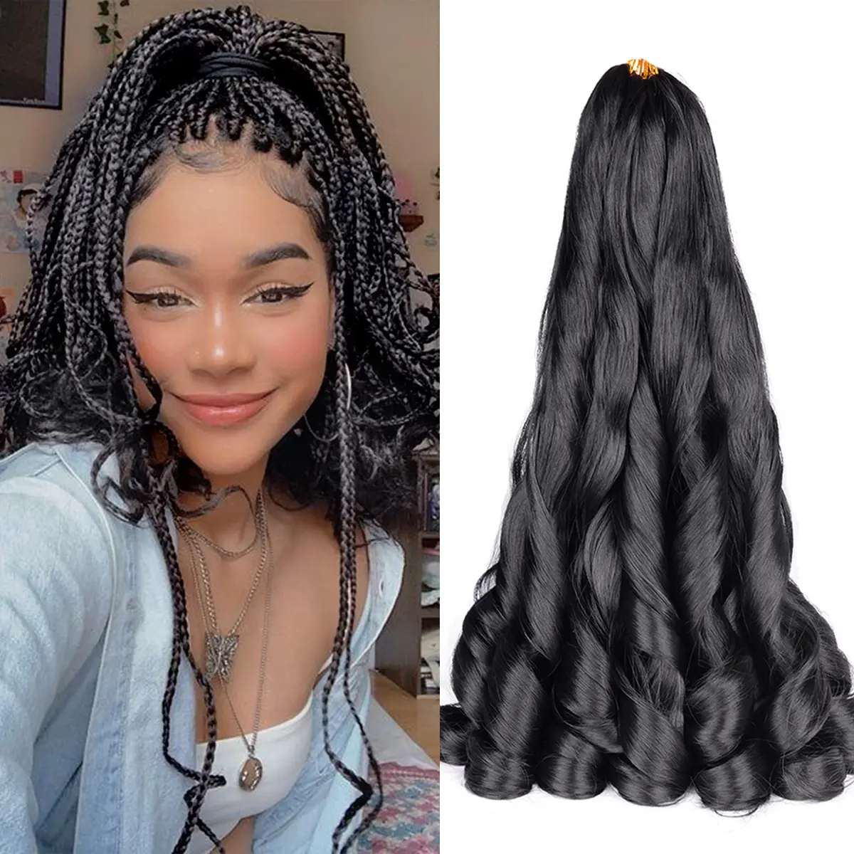 French Curly Braiding Hair 24Inch Loose Wavy 8 Packs #1B Black Bouncy Braiding Hair Extensions 75g/Pack Synthetic French Curl Braiding Hair Extensions（8packs,24Inch)