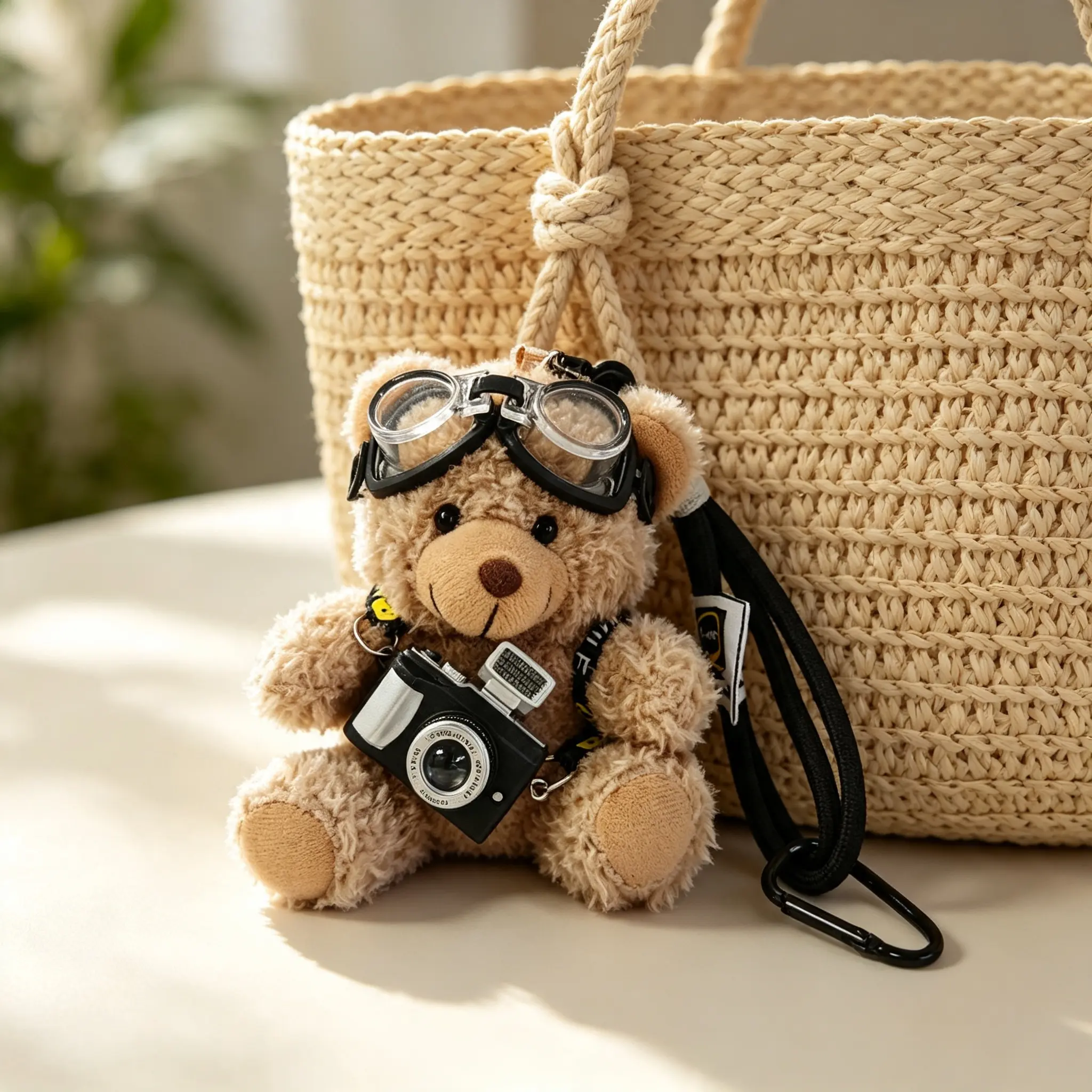 Cute Bear Bag Charms Plush Keychain with Flash Camera & Glass for Handbags Purses Totes Backpacks Adorable & Functional Accessory