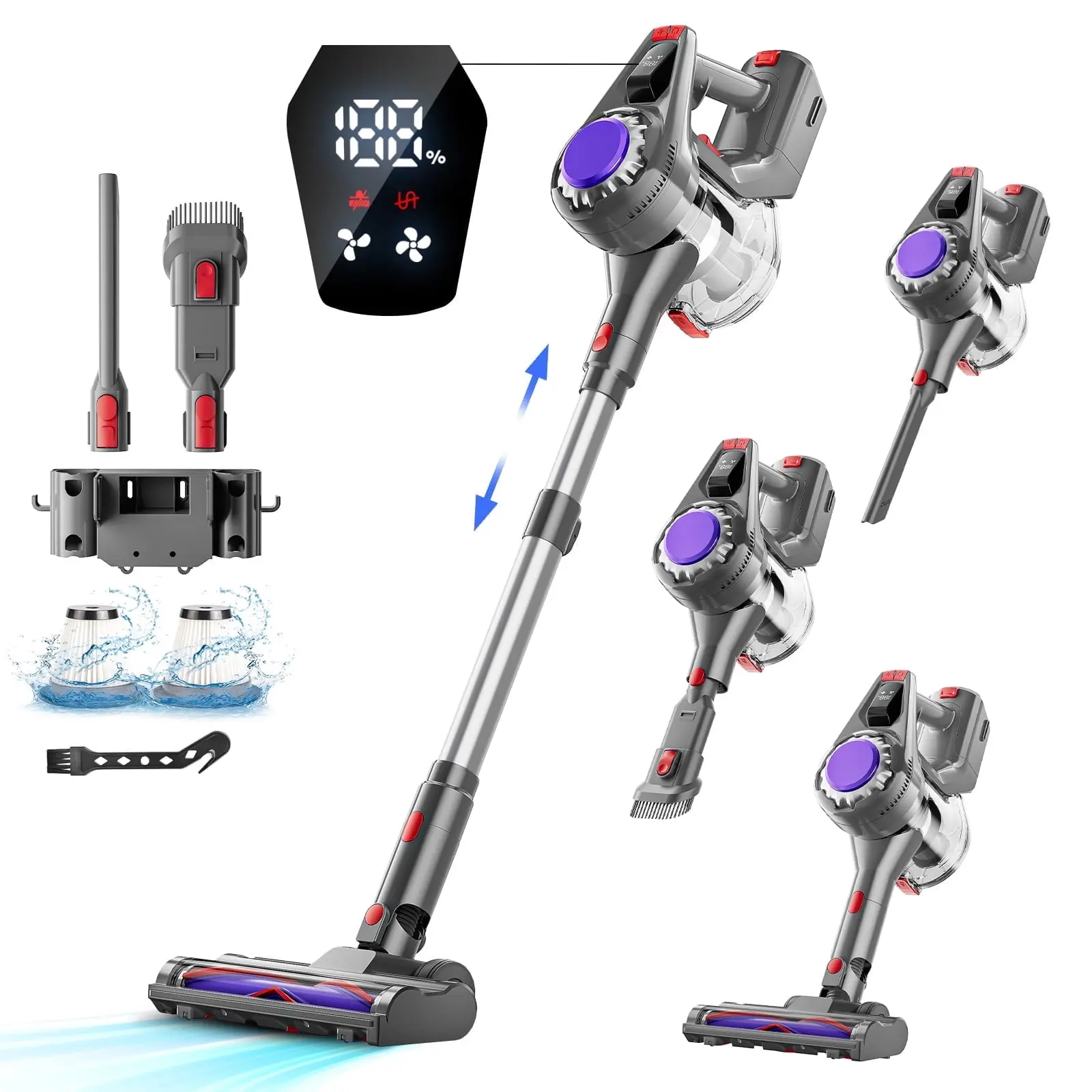 HOOFUN Cordless Stick Vacuum Cleaner - 50mins Runtime, 6*2600mAh Rechargeable Battery, Powerful Suction for Carpet, Hardwood Floors, Pet Hair, Silver Gray