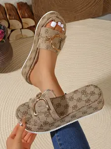 Vintage Print Metal Buckle Women's Sandals, Summer New Thick Sole Height Increase Anti-Slip Fashion Versatile D-Buckle, Comfortable Soft Sole Slip-On Shoes