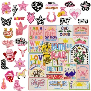 Mix 49PCS Faith & Western Embroidered Iron-On Patches, Bible Verse Religious Designs, Pink Cowgirl Boot, Cow Print & Cute Applique Set for Jeans, Jackets, Hats, Bags DIY Craft