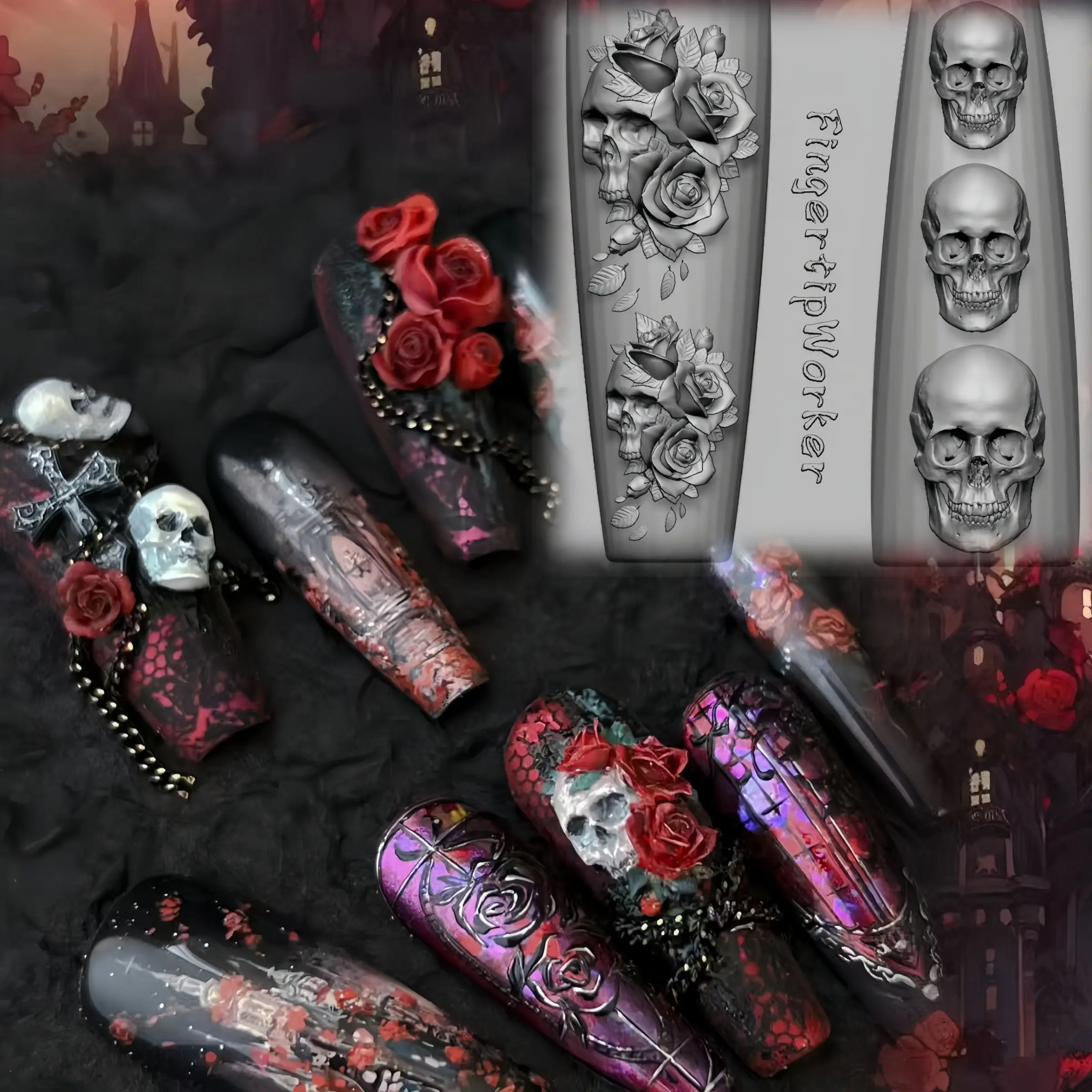 Dark Style Nail Art Silicone Mold Skull Lace Rose Skeleton Hand Rib Spine Bone Design Template Transparent Nail Decoration Tool Nail Art Tools