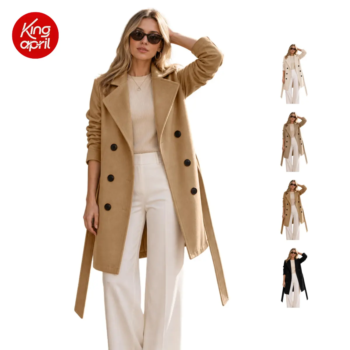 Kingapril Women's Mid-Length Wool Double-Breasted Belted Trench Coat - Faux Peacoat Style Winter Outerwear for Casual & Dressy Looks