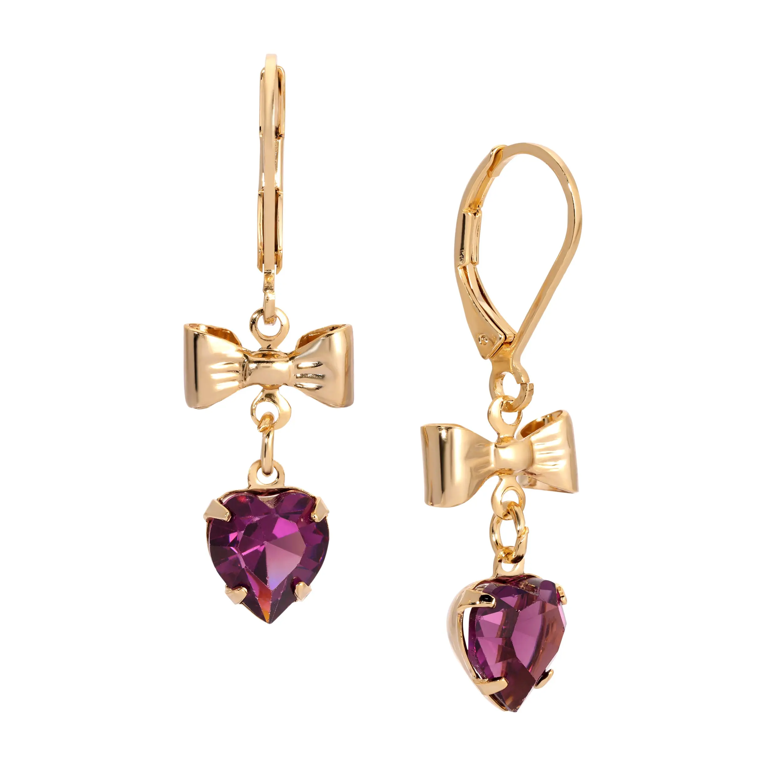 Golden Bow Amethyst Crystal Heart Drop & Dangle Earrings