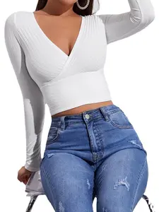 Women's Y2k Plain Wrap V Neck Crop Tee, Fashion Casual Basic Long Sleeve Ribbed Slim-fitting T-Shirt for Spring & Fall, T Shirts for Women, Women's Clothing Birthday Gifts