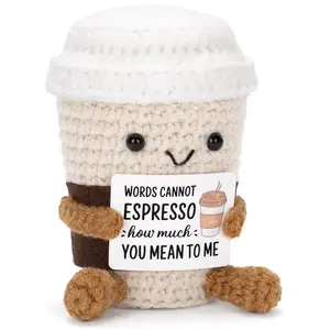 Funny Crochet Emotional Support Coffee Doll with Card Desktop Ornament Handmade Knitted Coffee Dolls Christmas Gifts Home Decor YIYUEQIANLI