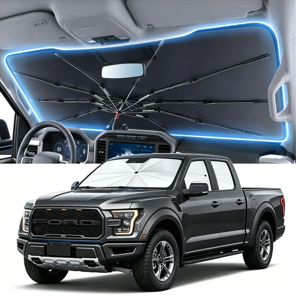 Upgraded Reflective Car Windshield Sun Shade Umbrella, Large Size Folding Pop-Up Auto Front Window Heat Insulation Cover, 99% UV Blocking Cooling Anti-Aging Shield for Multi-Vehicle Sedan SUV, Portable Summer Automotive Interior Accessory