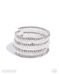 Finalized Flair - White Pearl Rhinestone Silver Coil Bracelet - Blockbuster 2025 Exclusive - Paparazzi