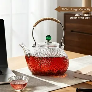 700ml hammered glass teapot with copper handle heat-resistant explosion-proof and high-temperature-resistant high borosilicate glass home-made tea glass pot for Flower Fruit Herbal Tea and Coffee