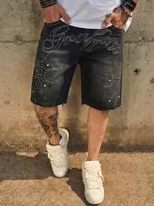Men's Street Style Rhinestone Jeans Shorts, Loose Fit Wide Leg, Frayed Edge, Sparkling Rhinestones, Vintage Wash, Summer Casual