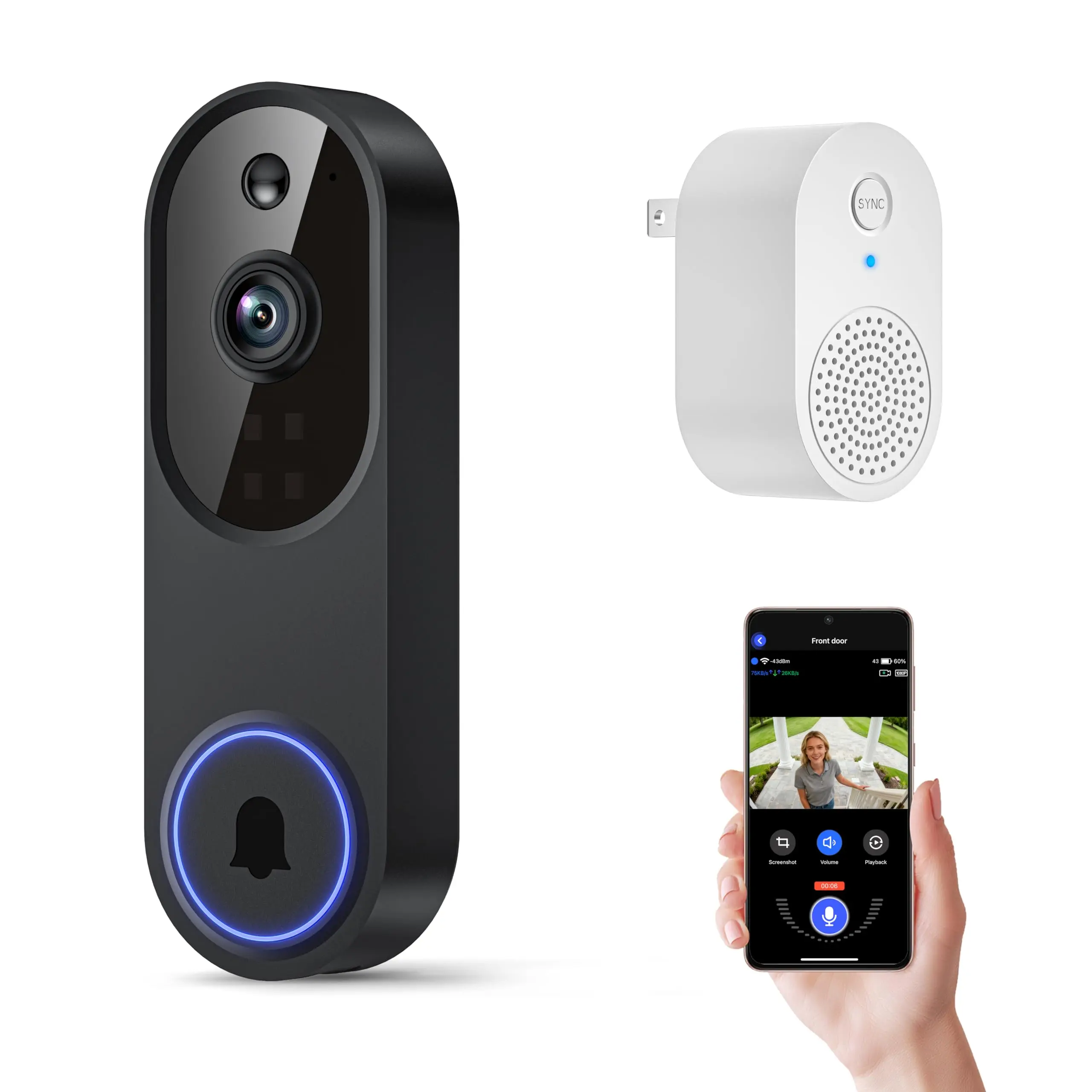 1080P Wireless Wi-Fi Video Doorbell Camera with Two-Way Audio, AI Motion Detection, Night Vision, Cloud Storage, Real-Time Motion Alerts, Wide-Angle View, IP65 Weather Resistant, Supports 2.4GHz Wi-Fi Only