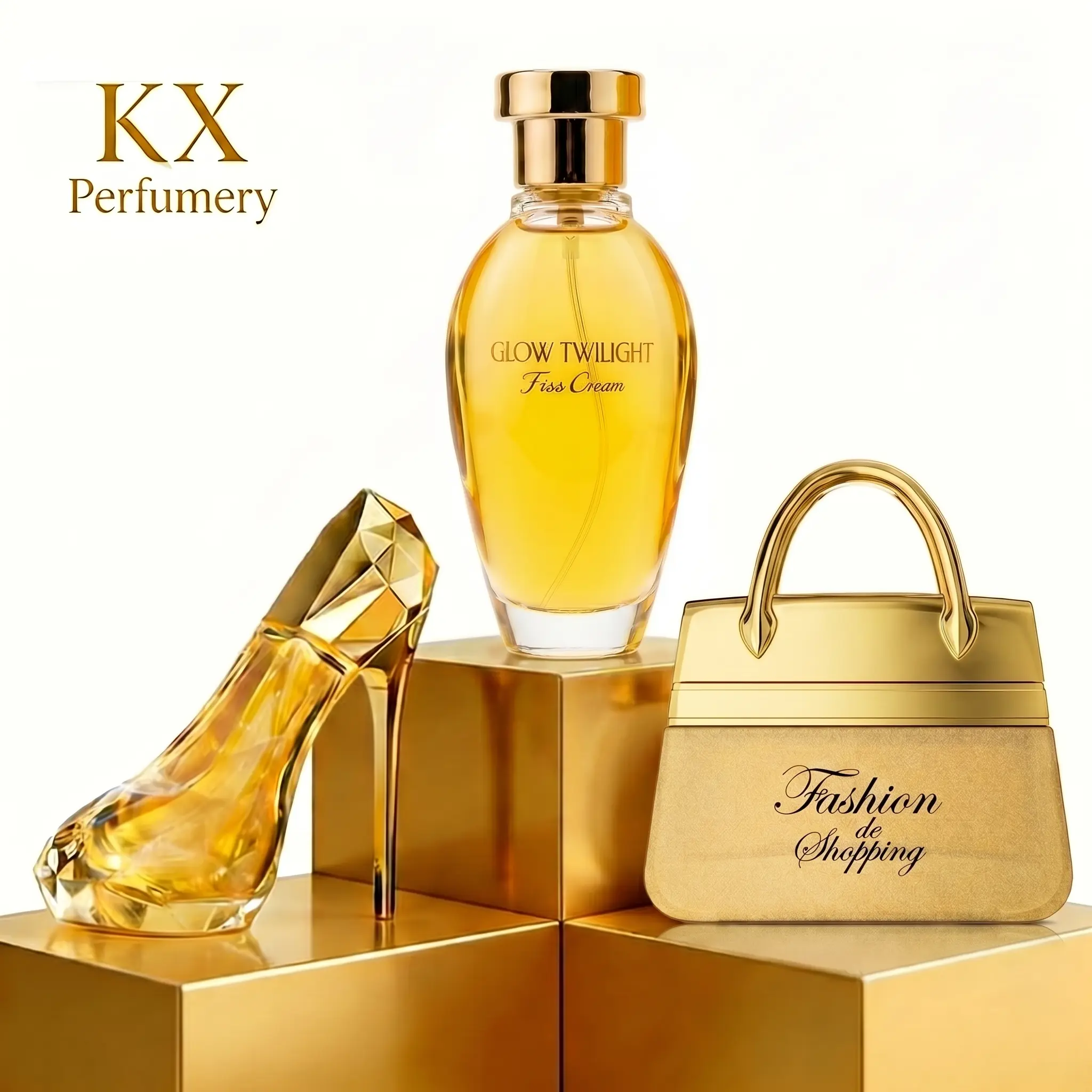 KX Perfumery Glow Twilight Eau de Parfum - Luxurious Gold Bottle with High Heel Design & Fashion de Shopping Handbag