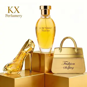 KX Perfumery Glow Twilight Eau de Parfum - Luxurious Gold Bottle with High Heel Design & Fashion de Shopping Handbag