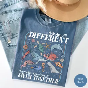 Comfort Colors We Are All Different Swim Together Shirt, Teacher T-shirt for Back to School, Inclusive Ocean Animals Tee, Teacher Appreciation Gift