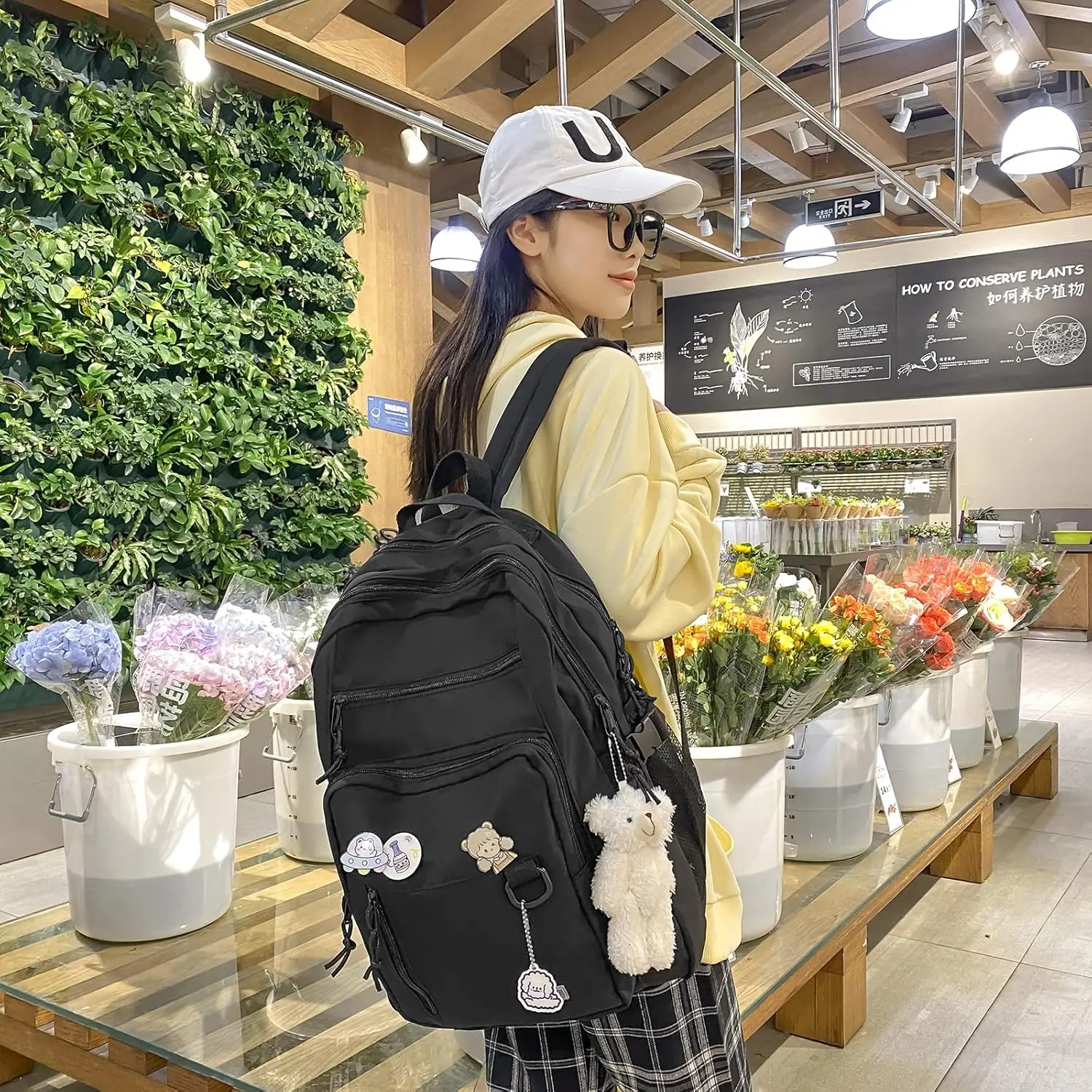 Cute Aesthetic Backpack for School Travel with Bear Pin, 15.6 Laptop, Nylon, e1a5821c-c282-46fe-b667-  main image 4