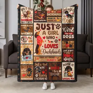Dachshund Theme Vintage Patchwork Blanket, Dog Lover Bedroom Sofa Fall Winter Warm Cover, Soft Skin-Friendly Flannel Throw