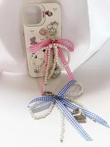 Women's Pearl Bow Tie Fringe Keychain, Checkered Ribbon Heart-Shaped Pendant, Perfect for Backpacks, Handbags, Car Keys, Phone Decorations