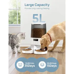 Automatic Cat Feeder - 5L/21Cups Metal & Polyethylene Timed Pet Food Dispenser for Cats & Small Dogs, Double Bowls, 48 Portions, 6 Meals Per Day, Memory Function, 10s Meal Call, Power Supply, Long-Lasting Feeding Safe and Reliable Feeder