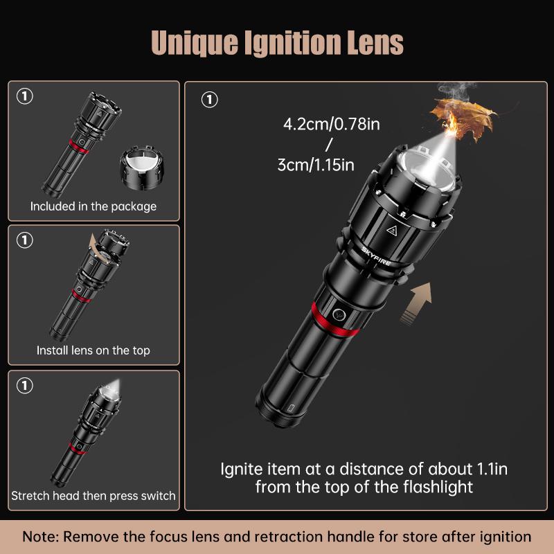 SKYFIRE 3624 lumens, 16000mAh large capacity rechargeable high-brightness 1209 ultra flashlight with shoulder straps, waterproof LED tactical flashlight, suitable for camping, outdoor activities and emergency situations.