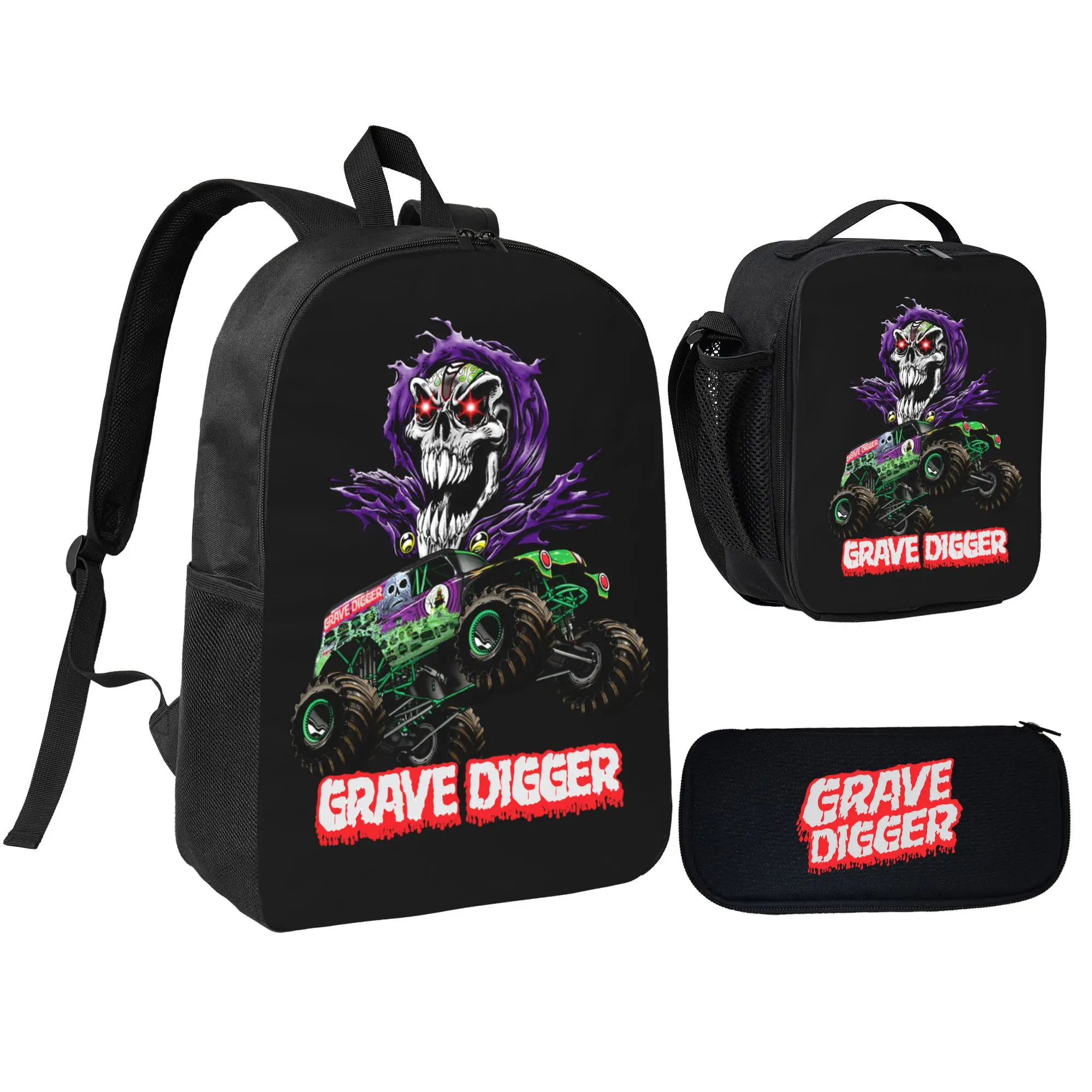 Monster Jam Grave Digger Backpack 3pcs School Backpack with Lunch Bag Teen Backpack Set Cartoon School Bag Bookbag for Teen Back to School
