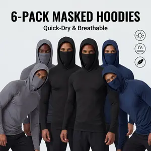 6-piece set men's outdoor work sun protection clothing with sun-blocking hoodie, featuring built-in face mask and neck guard, breathable long-sleeve hoodie
