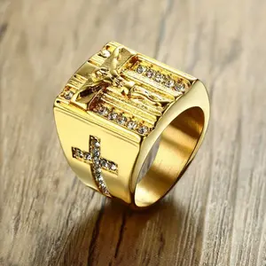 18k gold plated Catholic cross ring with stone for men, gift for boyfriend, father's day