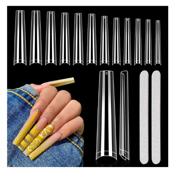 Long Clear Coffin Nails Tips 504PCS, 3XL Half Cover with 2 Nail Files No C Curve Acrylic Nail Tips, 12 Sizes, No Crease, Soft Flexible, Sturdy, Durable, Long-Lasting, for Salon Home DIY