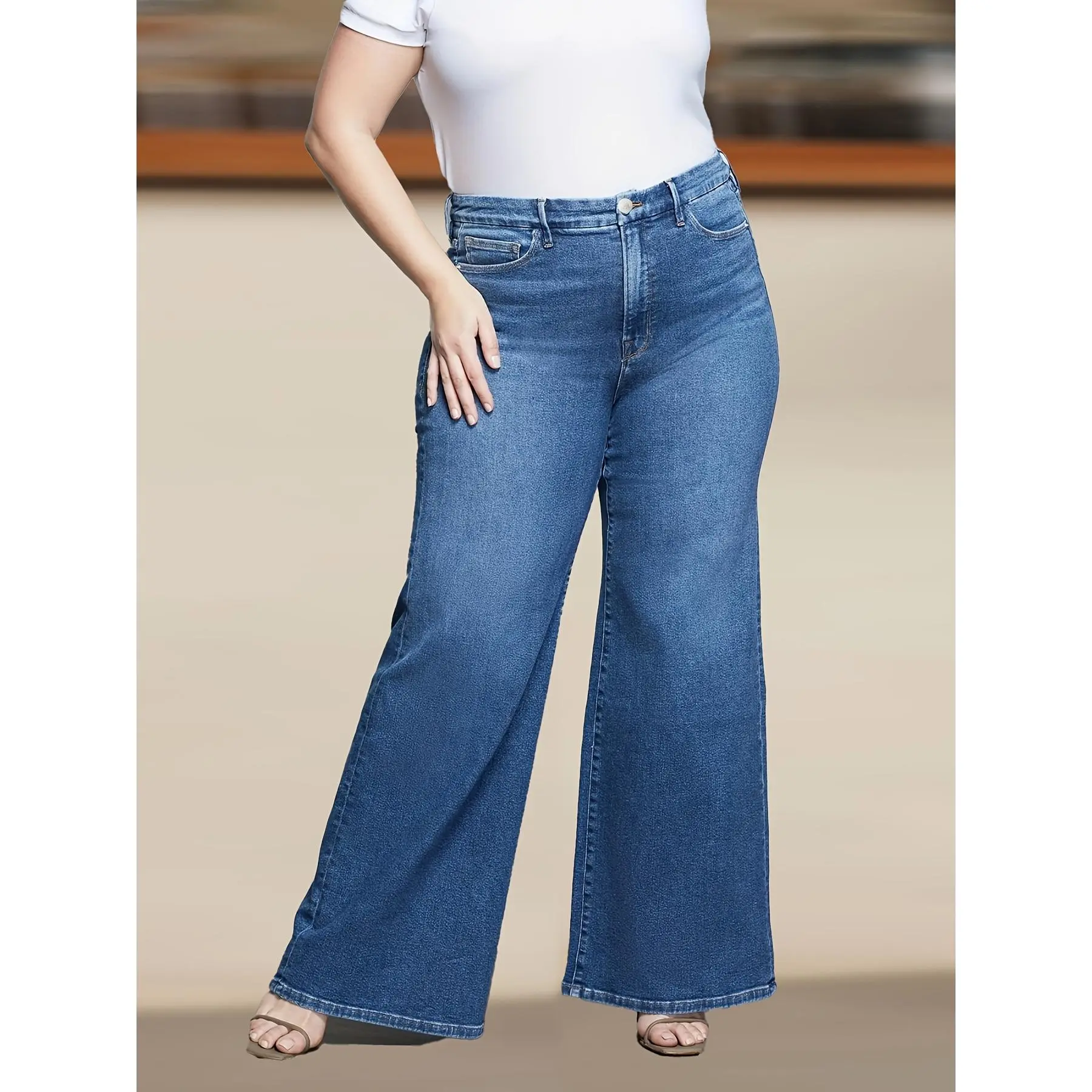 Extra -size High Waist Wide -leg Jeans, Full -length Pants, High Elastic Loose Version Straight Pants Feet Fashion Casual Water Washing Blue, 5xl 6xl 7xl 8xl All Seasons Of Large Size Women's Pants Spring And Summer Cottoning Machine Washing Bottom