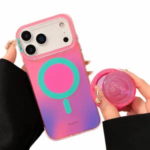 Gradient MagSafe iPhone Case + Magnetic Pop Grip, Iridescent Protective Cover for iPhone 17 Air Pro Promax,16 15 14 13 Pro Max, Trendy Colorful Phone Stand Case