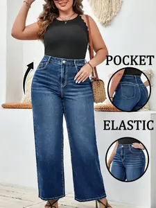 Plus Size High Waist Stretch Wide Leg Jeans, American Vintage Style, High Elasticity, Comfortable and Flattering Fit, Daily Wear for Women