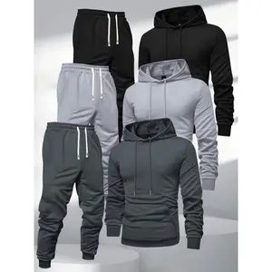 3pcsMen'SHoodedSweatshirtandJoggersSet,PolyesterSportsTracksuit,SolidColor,LongSleeve,SlightStretchKnitFabric,Gift