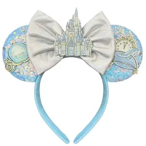 Hairband for Women Adult Blue Sequin Mouse Ears Headband with Castle Bows for Park Ears