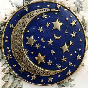 Celestial-Aluminum Metal Sign, Round Disk Wall Decoration With Stars And Moon Pattern, Wall Art, Home Decor, 8in, 11.8in, 1PC