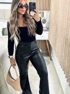Women's High Waist Shiny PU Leather Wide Leg Pants, Matte Coating, Fashion Versatile Chic Elegant, Perfect for Parties, Commuting, Festivals, Long Pants