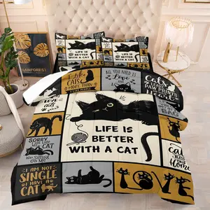 Cute Cartoon Cat Quilted Comforter Set, Playful All-Over Cat Print & Humorous Slogans, Lightweight Fluffy All-Season Quilt for Cozy Sleep & Gifting to Cat Lovers, 1 Comforter & 1-2 Pillowcase Without Cores