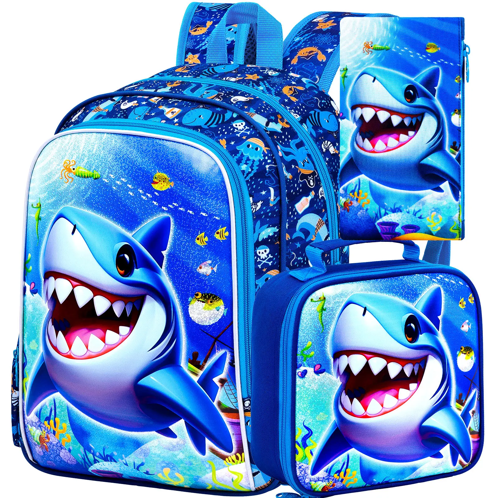 16" Shark Backpack for Boys, 3Pcs Kids Bookbag with Lunch Box, School Backpacks for Elementary Preschool Kindergarten (Blue)