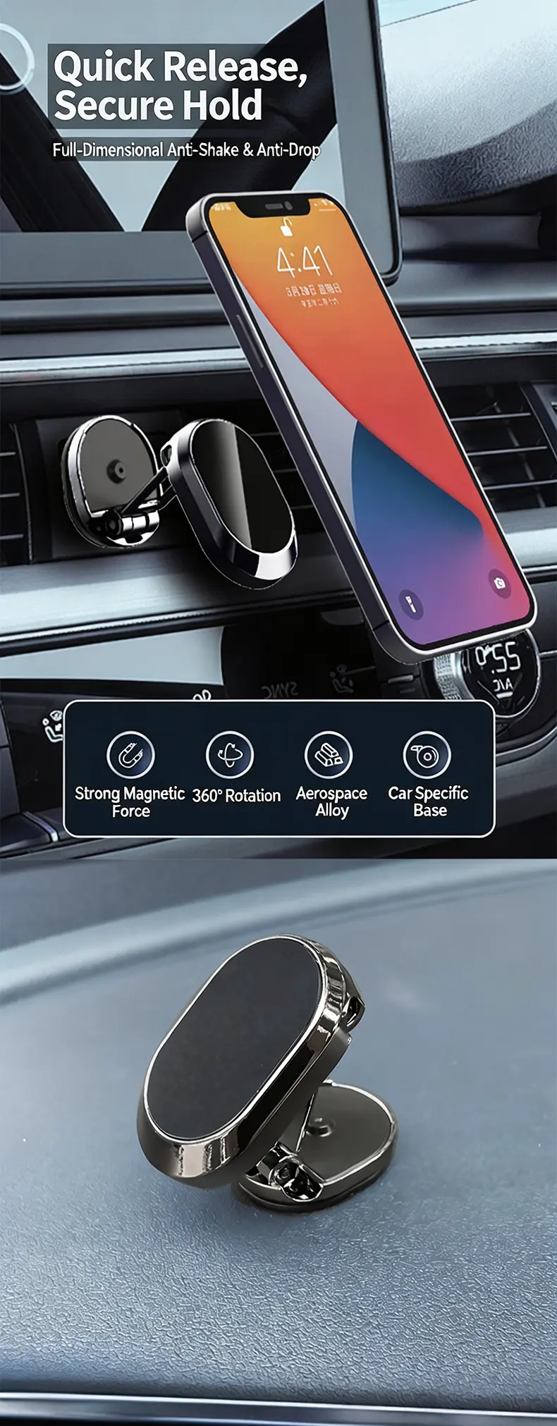 Foldable Metal Magnetic Car Cell Phone Holder - 360° Rotating Dashboard Mount, Adjustable Angle & Height, Strong Hold, Compact Universal Hands-Free Stand, Magnetic Mobile Mount, Car Interior Accessories, Vehicle Accessory